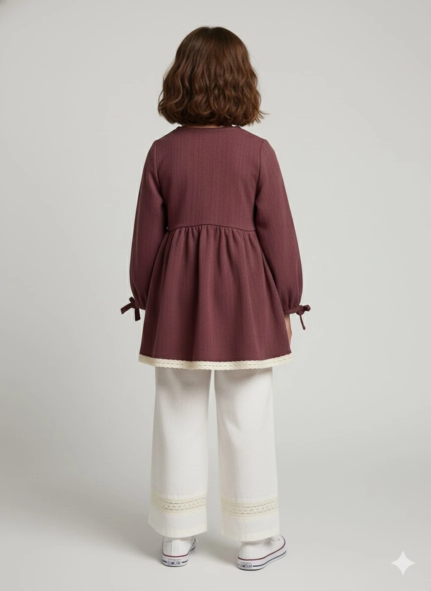 Bordo Keten Fisto Detaylı Kız Çocuk Tunik | Doğal Kumaş | 4-15 Yaş | Günlük & Özel 