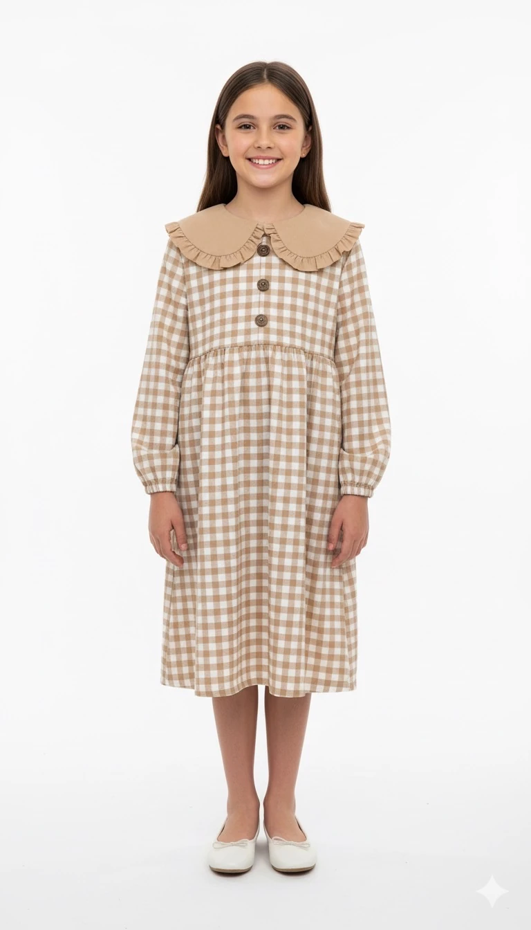 Bej Ekose Düğmeli Bebe Yakalı Kız Çocuk Elbise | Tam Boy | 4-15 Yaş | Doğal & Zarif 