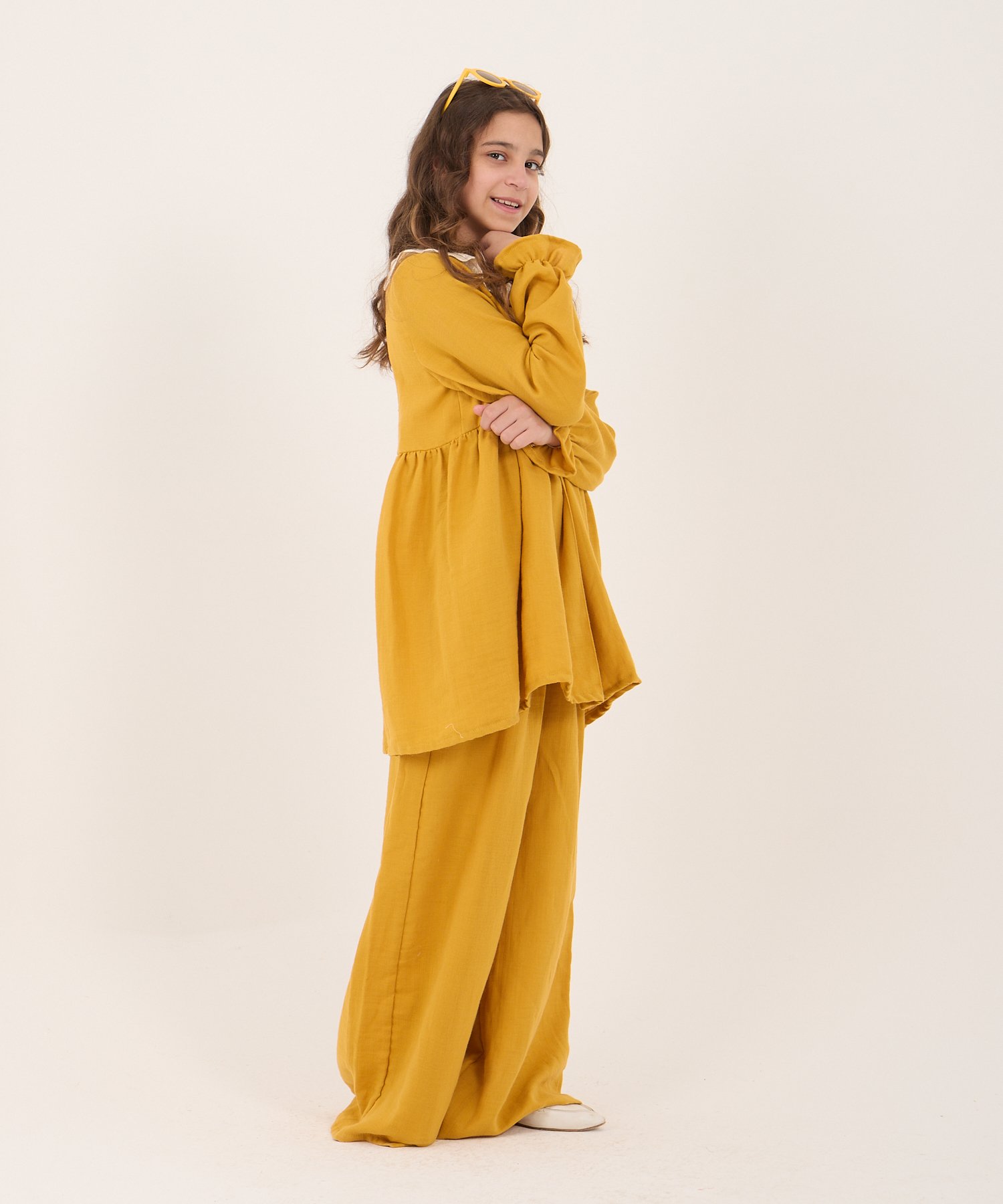Tesettür Uyumlu Kız Çocuk Hardal Fistolu Yaka Tunik Takım – 2’li Set | 5-14 Yaş | Şık & Rahat