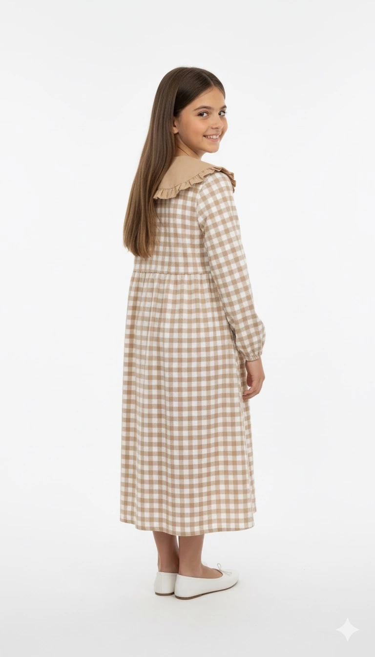 Bej Ekose Düğmeli Bebe Yakalı Kız Çocuk Elbise | Tam Boy | 4-15 Yaş | Doğal & Zarif 
