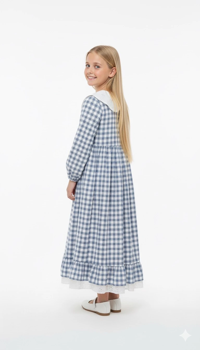 Gri Ekose Desenli Kız Çocuk Elbise | Tam Boy Tesettür | 4-15 Yaş | Günlük & Özel Kullanım 