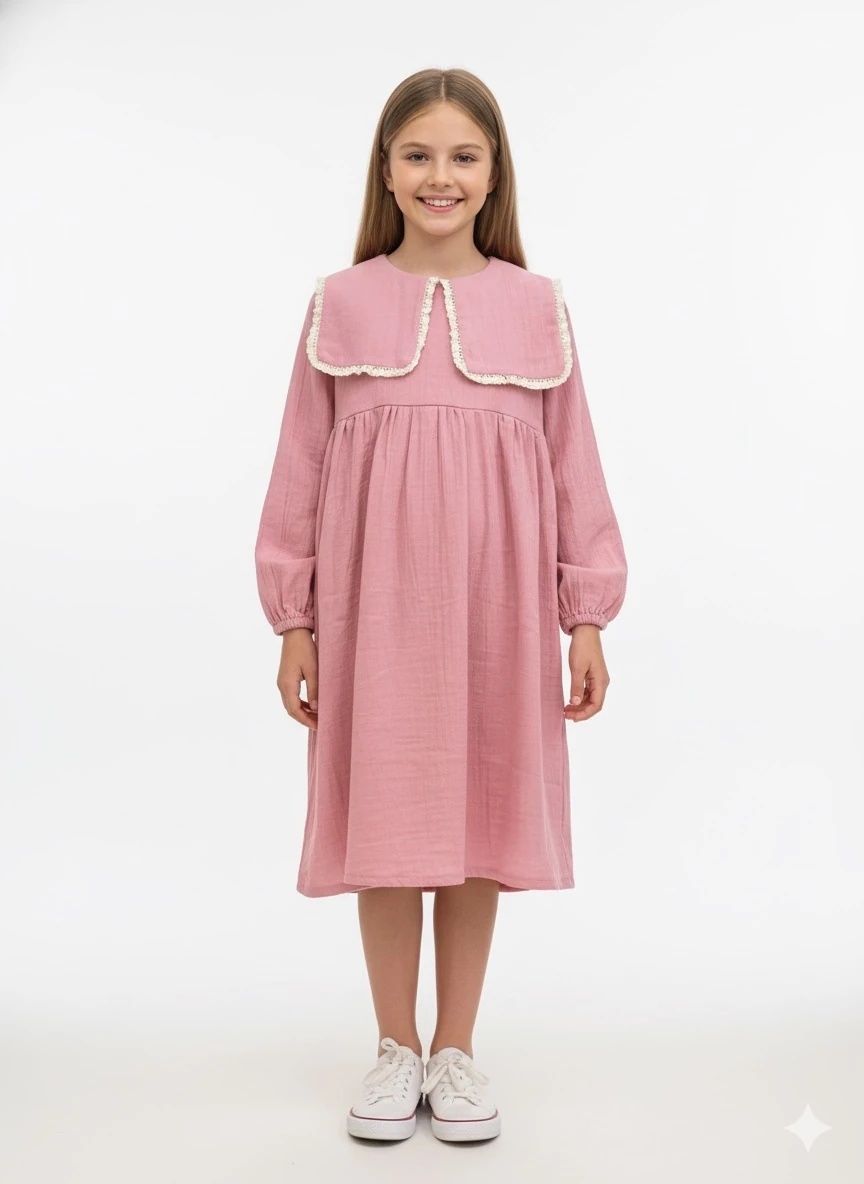 Pembe Kare Yakalı Kız Çocuk Tesettür Elbise | Tam Boy | 4-15 Yaş | Zarif & Doğal Kumaş 
