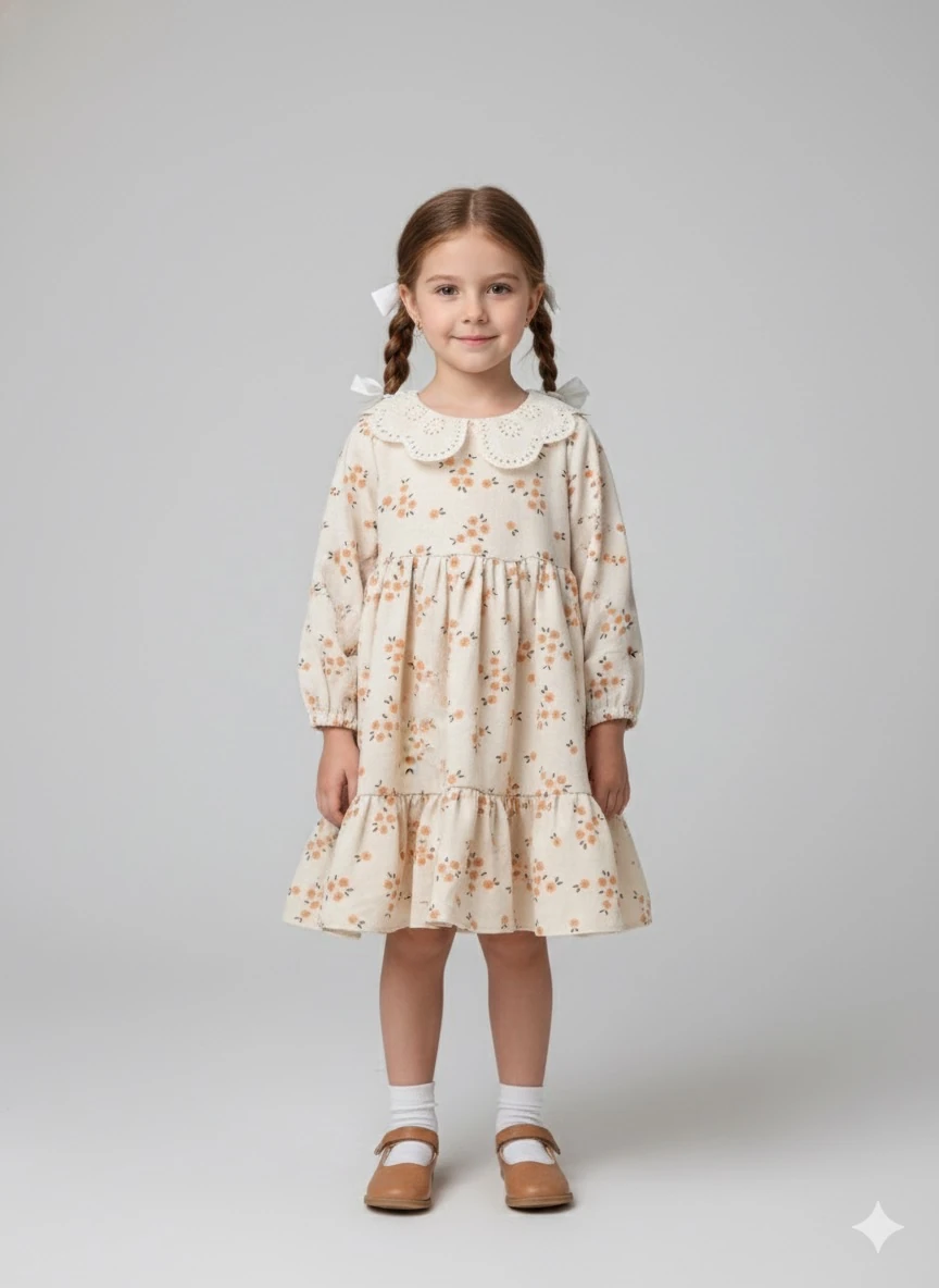 Çiçekli Keten Bebek Elbise • Fisto Yaka • 0-5 Yaş