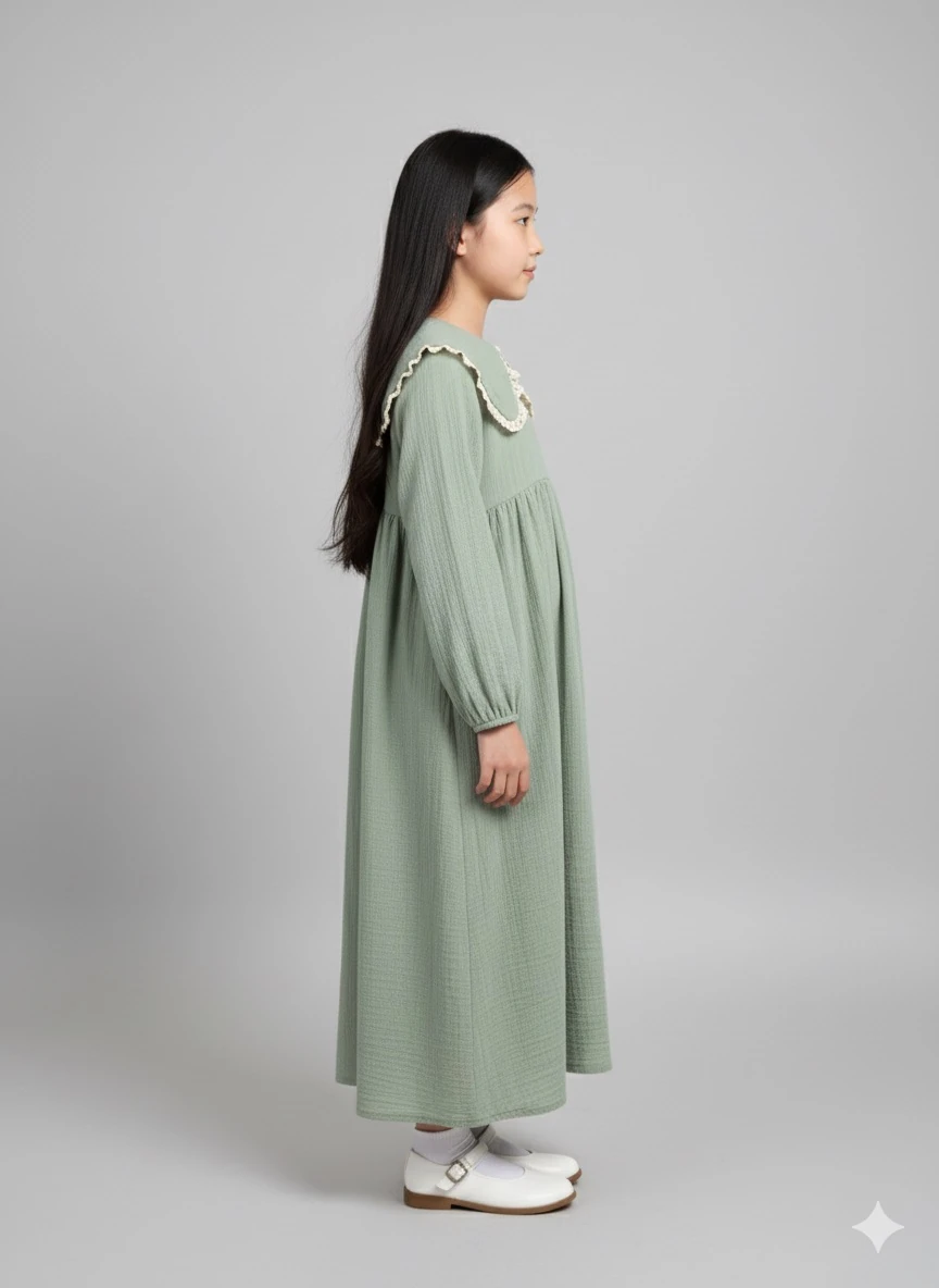 Yeşil Müslin Fisto Detaylı Bebe Yakalı Kız Çocuk Elbise | Tam Boy Tesettür | 4-15 Yaş 