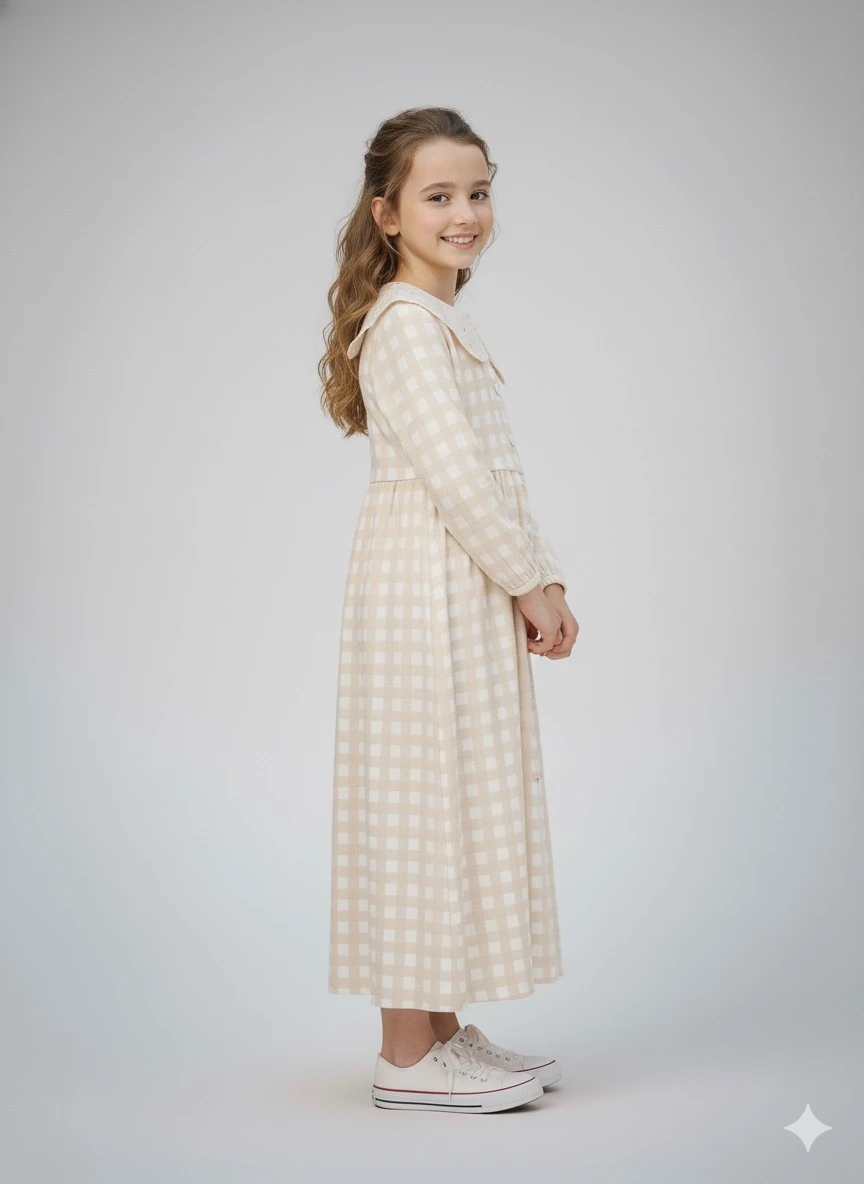 Bej Ekose Düğmeli Fisto Detaylı Bebe Yakalı Kız Çocuk Elbise | Tam Boy | 4-15 Yaş
