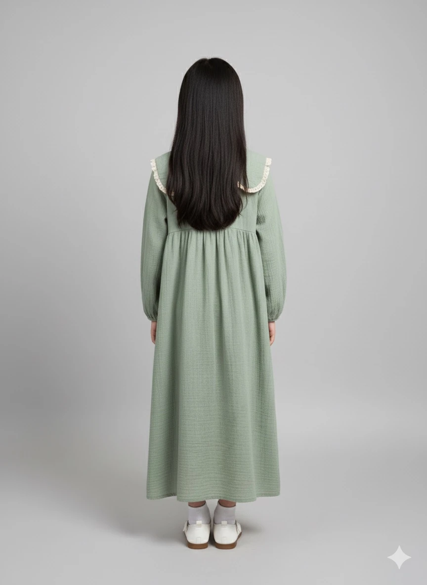 Yeşil Müslin Fisto Detaylı Bebe Yakalı Kız Çocuk Elbise | Tam Boy Tesettür | 4-15 Yaş 