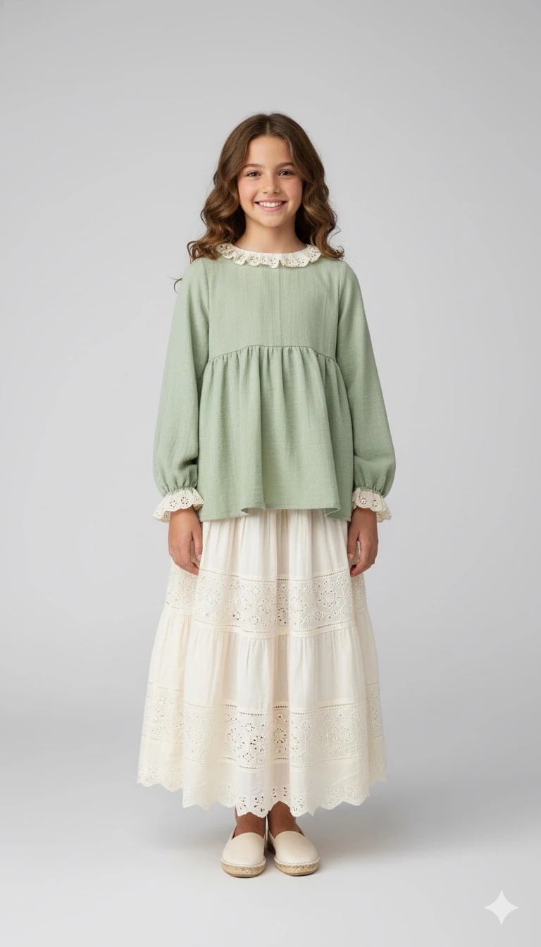 Yeşil Müslin Kız Çocuk Tunik | Doğal Yumuşak Kumaş | 4-15 Yaş | Günlük & Kuran Kursu 