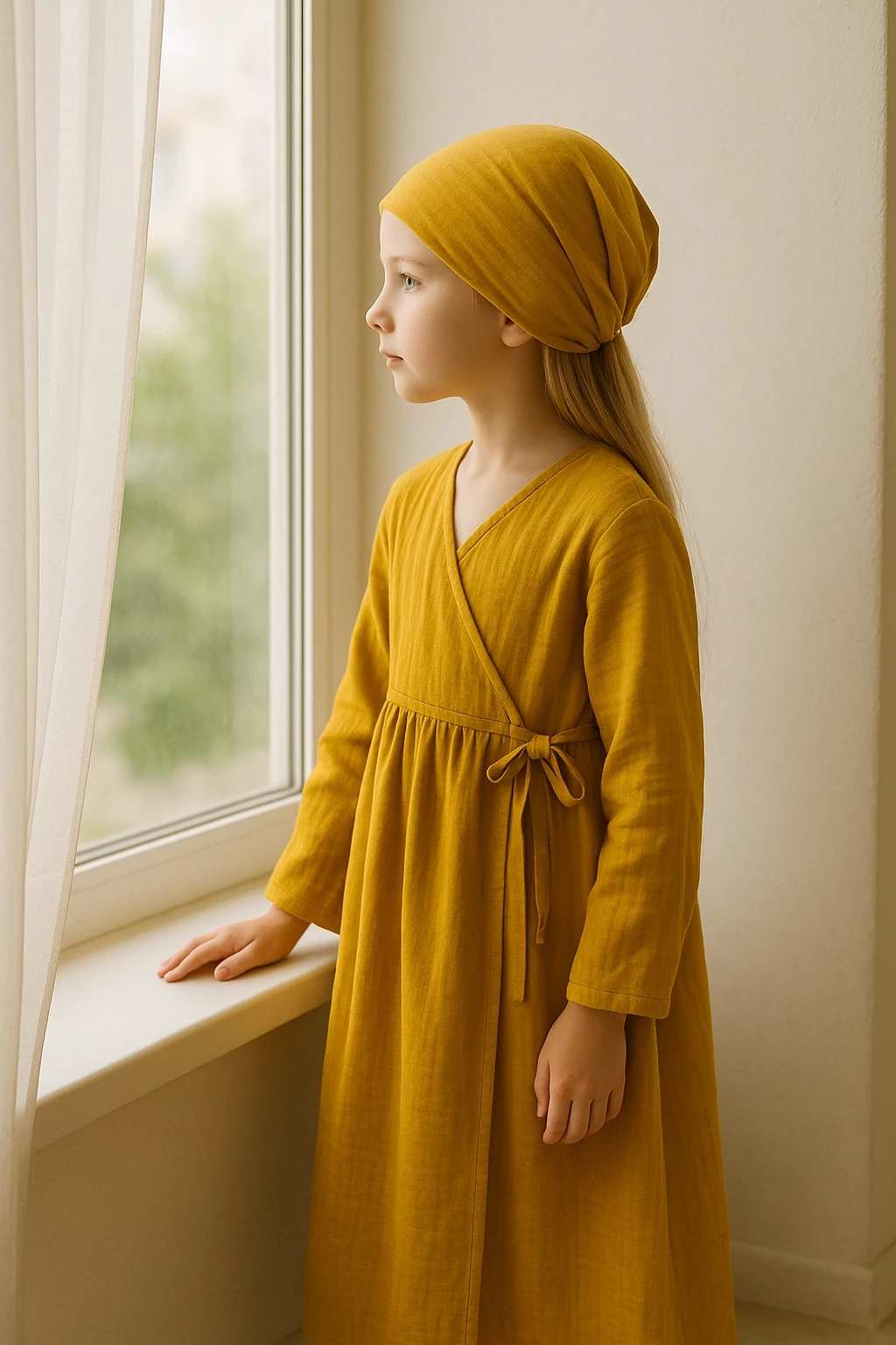 Kız Çocuk Hardal Sarısı Müslin Bağlamalı Namaz Elbisesi | 4-15 Yaş | Rahat & Tesettür 