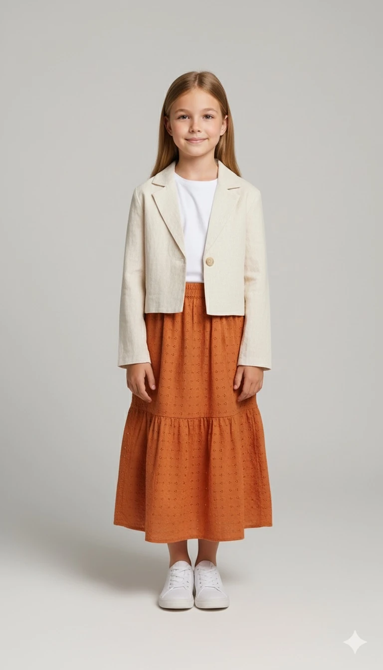 Kiremit Fisto Detaylı Uzun Etek | Tam Boy | Kız Çocuk | 4-15 Yaş | Doğal & Rahat Tasarım 