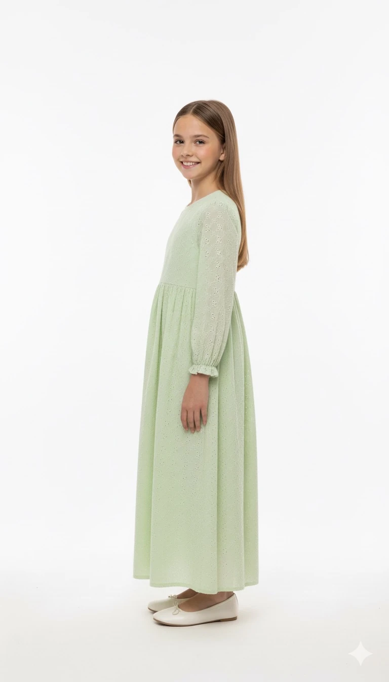 Su Yeşili Fisto Detaylı Kız Çocuk Elbise | İcazet & Kuran Töreni İçin | 4-15 Yaş | Tam Boy