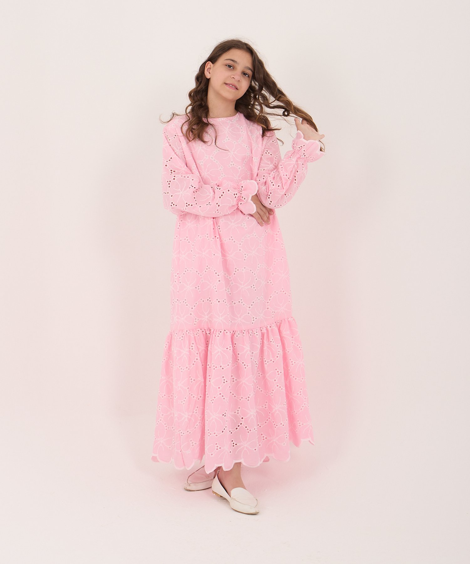 Kız Çocuk Pembe Fistolü Tam Boy Elbise – Tesettür Uyumlu | %80 Pamuklu (5-15 Yaş)