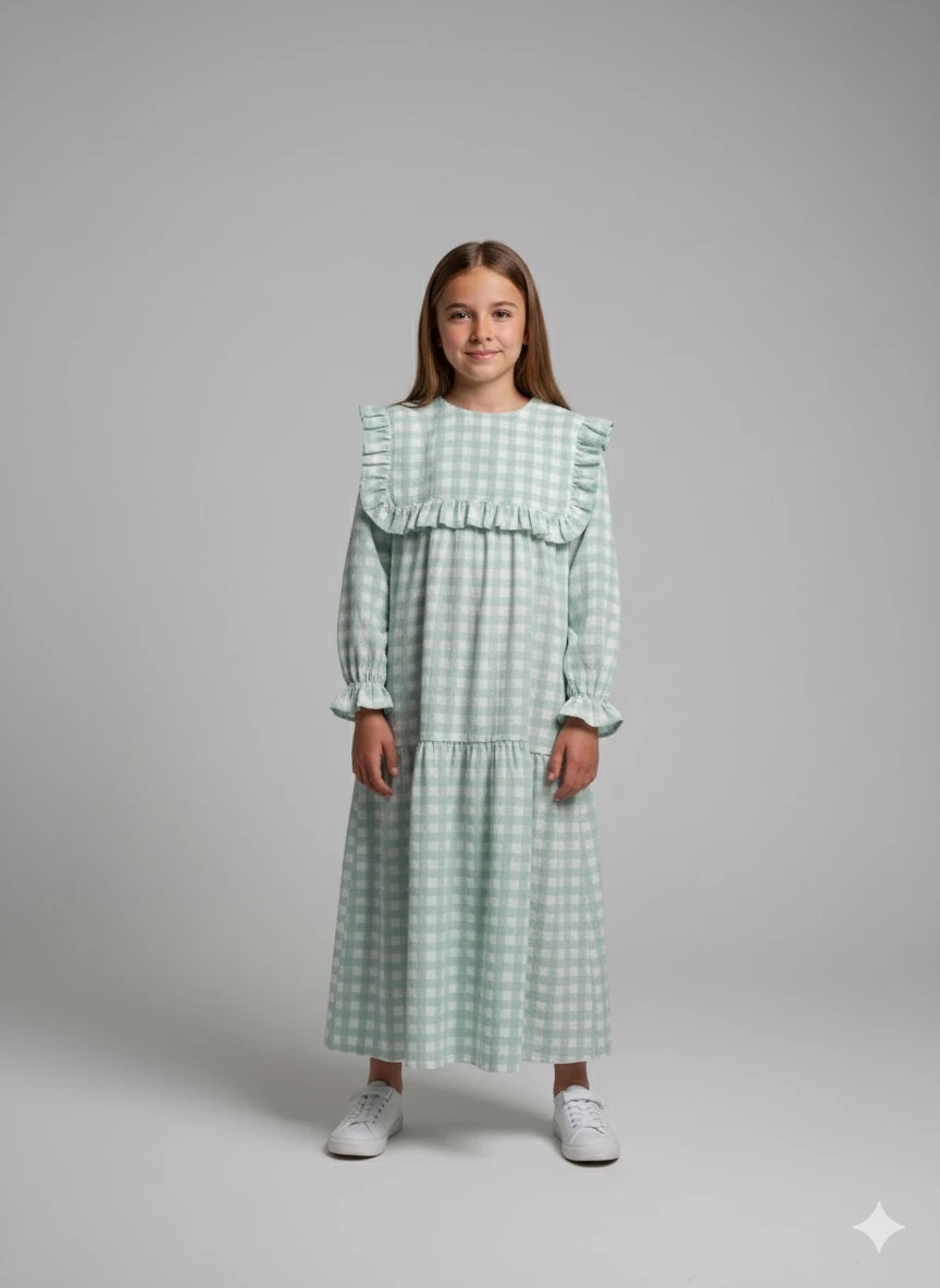 Su Yeşili Ekose Desen Şile Bezi Kız Çocuk Elbise | Tam Boy | 4-15 Yaş | Doğal & Rahat 