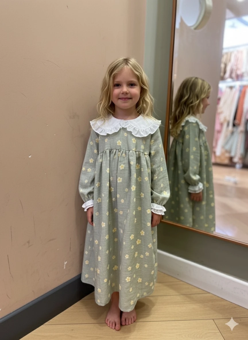 Beyaz Yakalı Yeşil Çiçekli Kız Çocuk Müslin Elbise | Tam Boy | 4-15 Yaş 