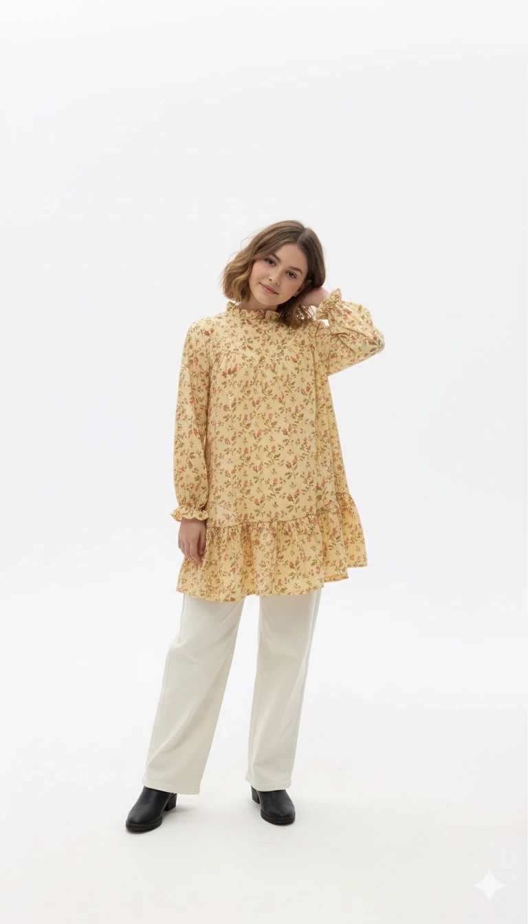 Vintage Güllü Sarı Kız Çocuk Tunik | Müslin Dokulu | 4-15 Yaş | Günlük & Özel Kullanım