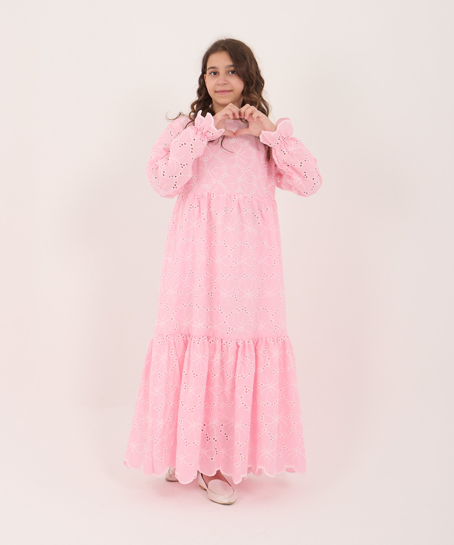 Kız Çocuk Pembe Fistolü Tam Boy Elbise – Tesettür Uyumlu | %80 Pamuklu (5-15 Yaş)
