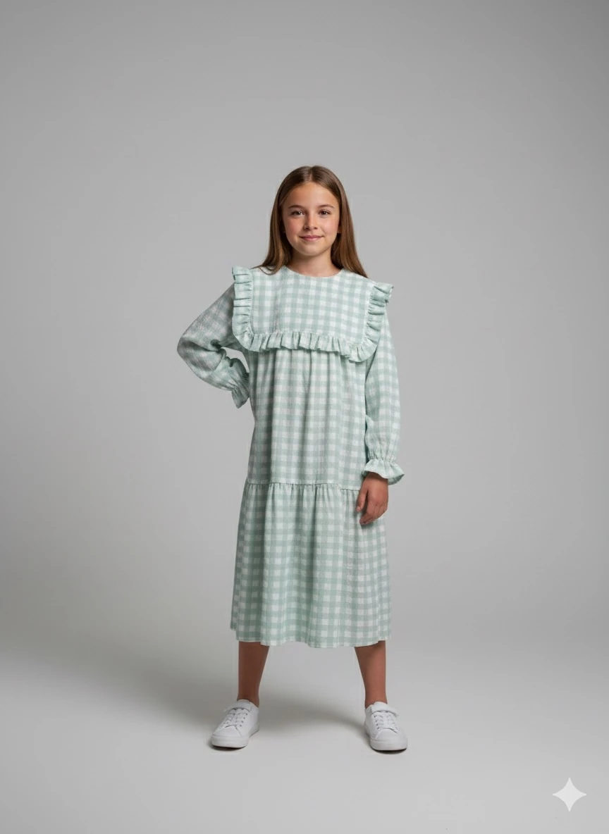 Su Yeşili Ekose Desen Şile Bezi Kız Çocuk Elbise | Tam Boy | 4-15 Yaş | Doğal & Rahat 