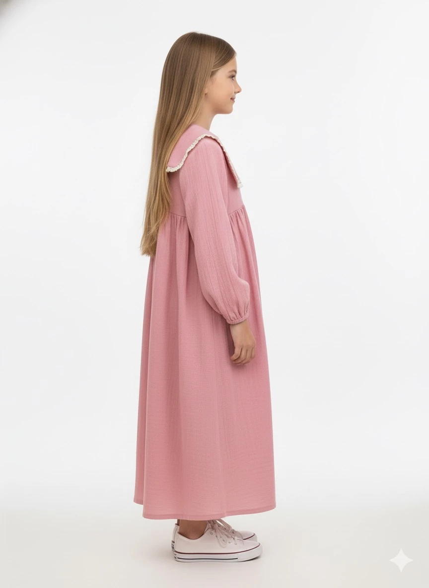 Pembe Kare Yakalı Kız Çocuk Tesettür Elbise | Tam Boy | 4-15 Yaş | Zarif & Doğal Kumaş 