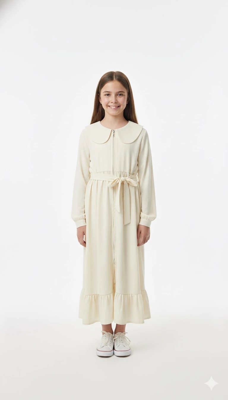 Krem Keten Pamuk Kız Çocuk Ferace | Tam Boy Tesettür | 4-15 Yaş | Doğal & Rahat Kumaş