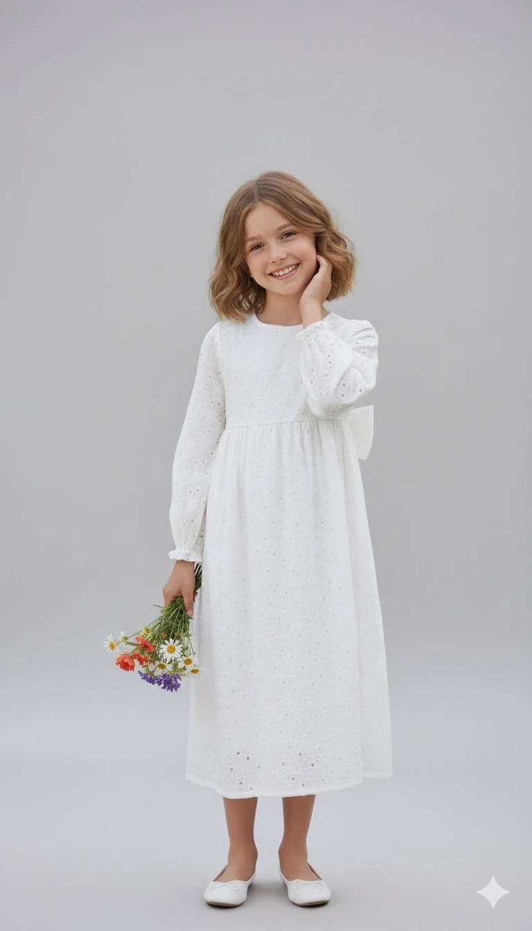 Beyaz Fisto Detaylı Kız Çocuk Elbise | Tam Boy Tesettür | 4-15 Yaş | Kuran Töreni & Günlük