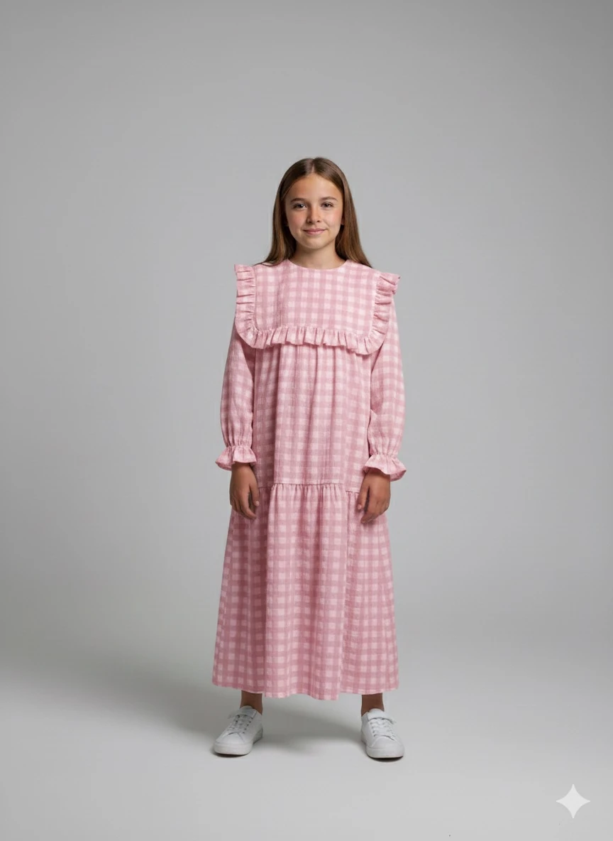 Pembe Ekose Desen Şile Bezi Kız Çocuk Elbise | Tam Boy | 4-15 Yaş | Doğal & Nefes Alan