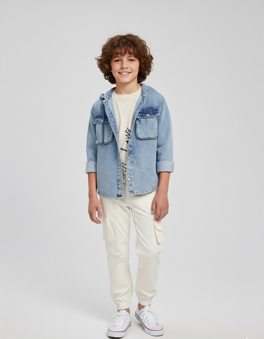 Erkek Çocuk Kot Ceketli Paraşüt Pantolonlu 3’lü Takım