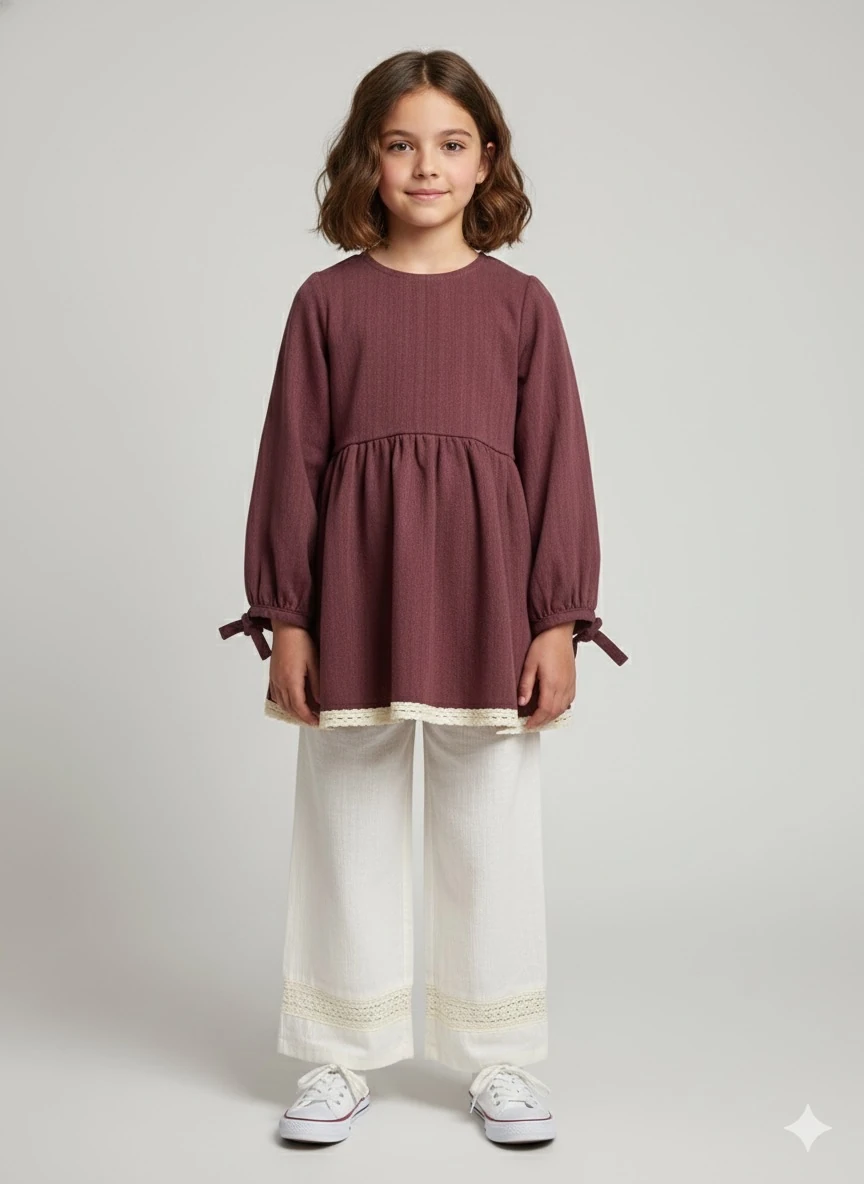 Bordo Keten Fisto Detaylı Kız Çocuk Tunik | Doğal Kumaş | 4-15 Yaş | Günlük & Özel 