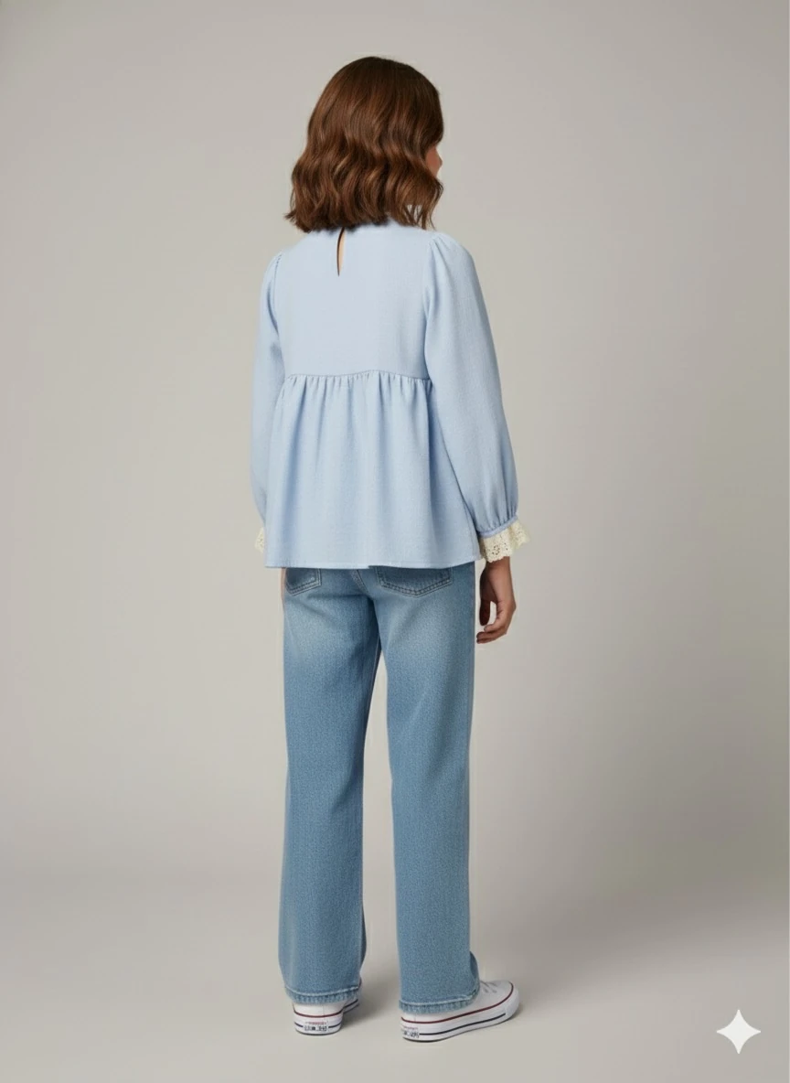 Mavi Müslin Kız Çocuk Tunik | Kol ve Yaka Fisto Detaylı | 4-15 Yaş | Günlük & Özel 