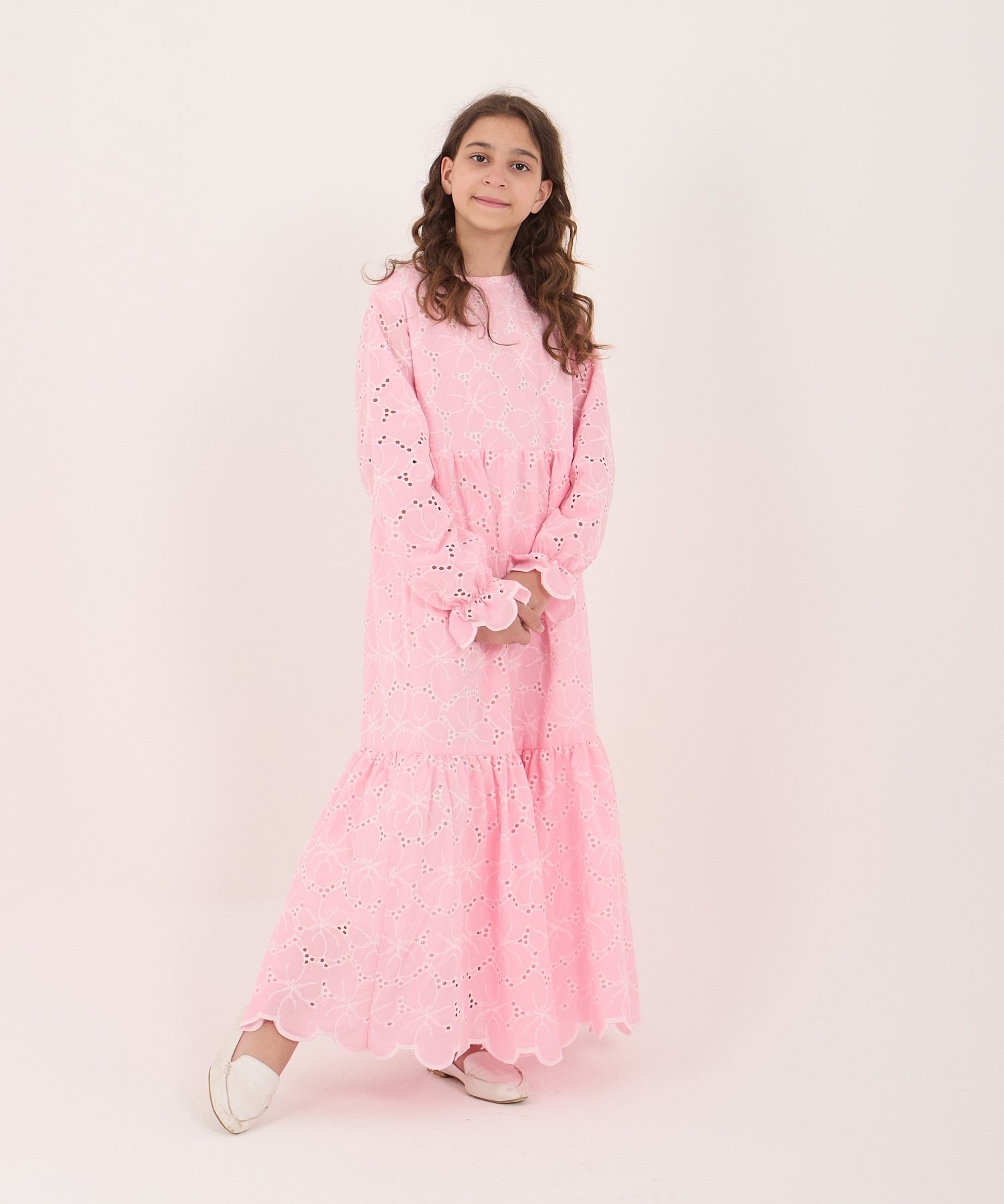 Kız Çocuk Pembe Fistolü Tam Boy Elbise – Tesettür Uyumlu | %80 Pamuklu (5-15 Yaş)