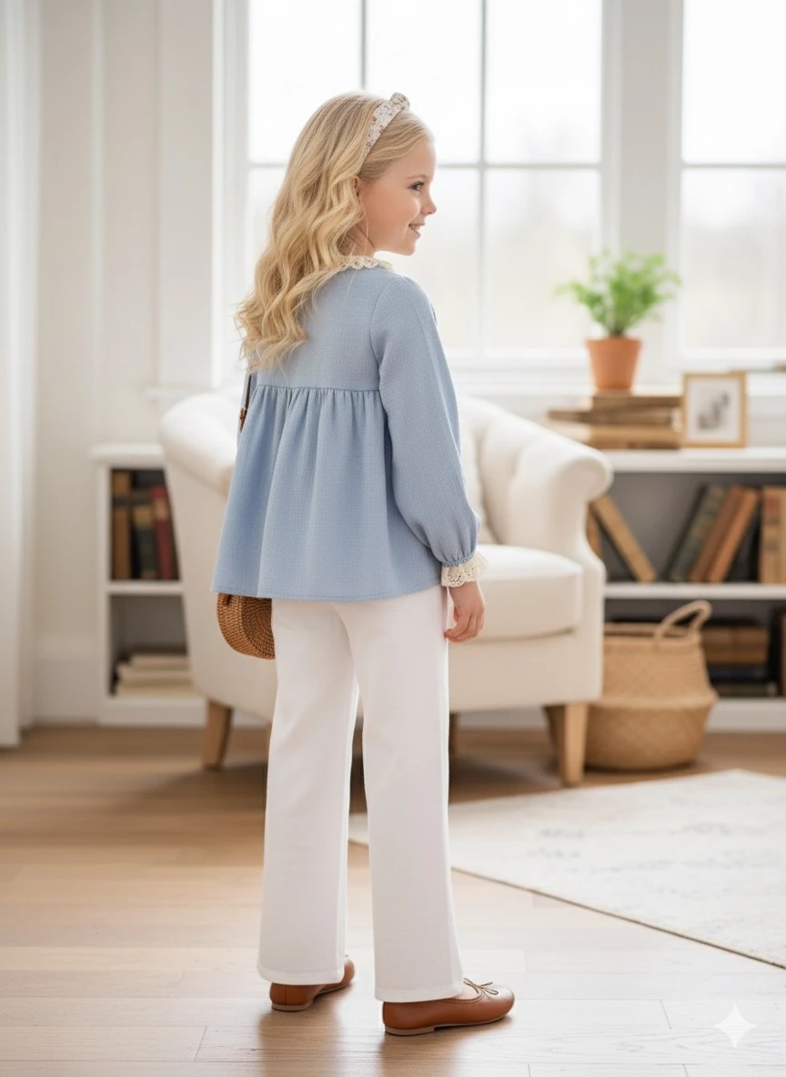 Mavi Müslin Kız Çocuk Tunik | Kol ve Yaka Fisto Detaylı | 4-15 Yaş | Günlük & Özel 