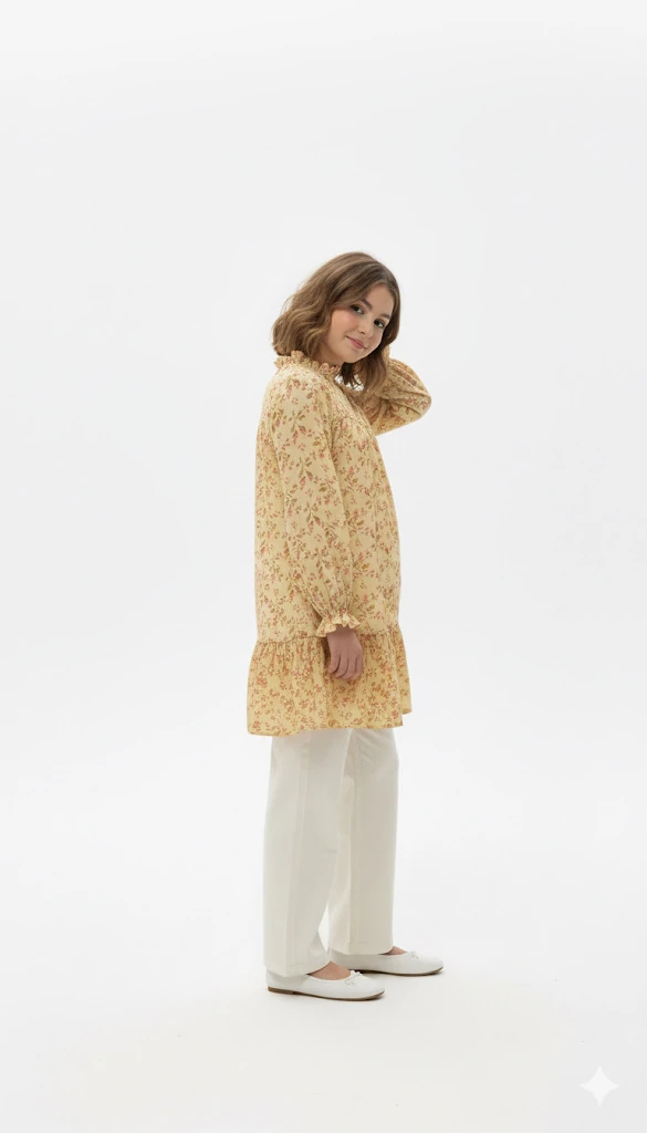 Vintage Güllü Sarı Kız Çocuk Tunik | Müslin Dokulu | 4-15 Yaş | Günlük & Özel Kullanım