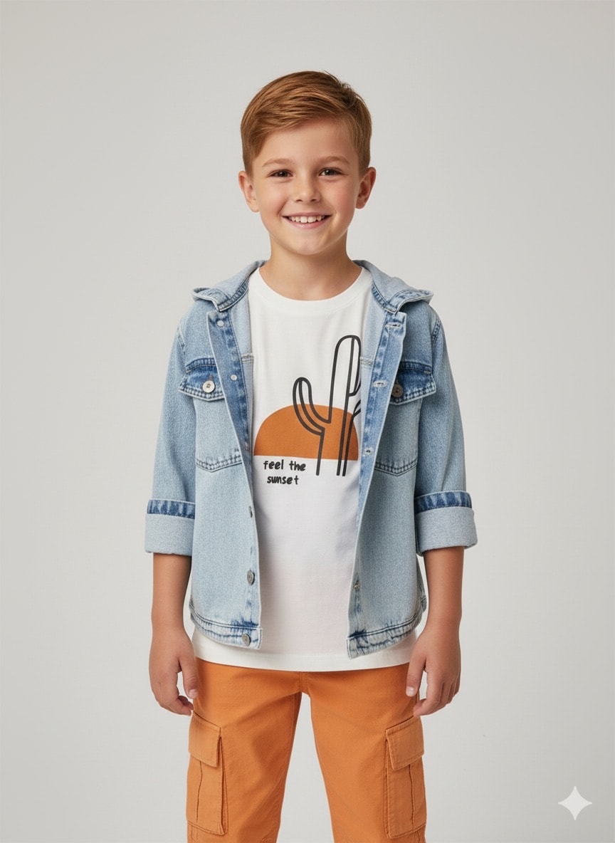 Erkek Çocuk Kot Ceketli Üçlü Set 