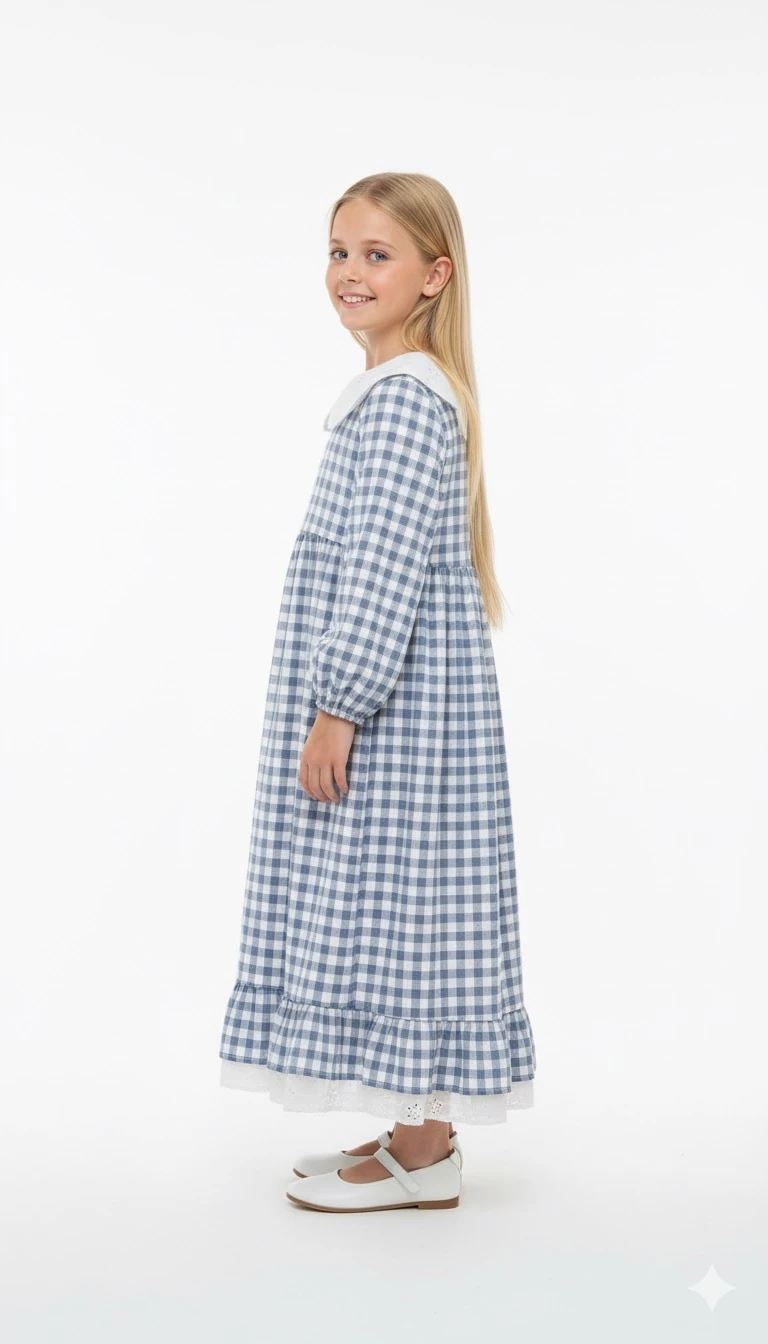 Gri Ekose Desenli Kız Çocuk Elbise | Tam Boy Tesettür | 4-15 Yaş | Günlük & Özel Kullanım 