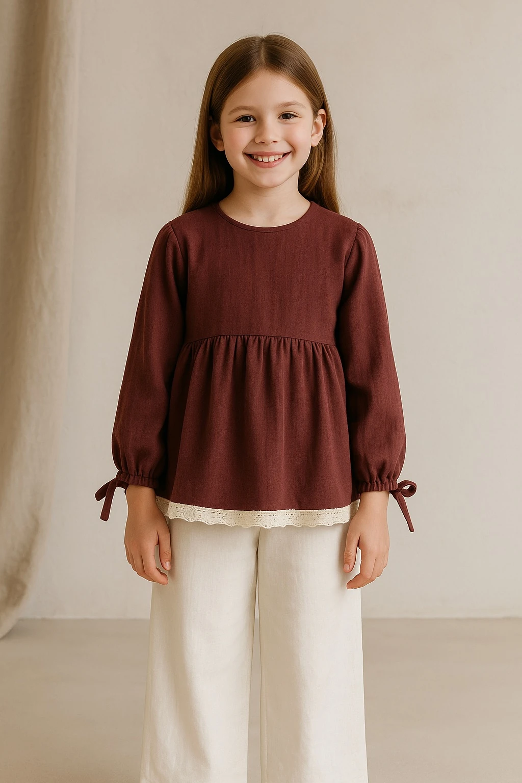 Bordo Keten Fisto Detaylı Kız Çocuk Tunik | Doğal Kumaş | 4-15 Yaş | Günlük & Özel 