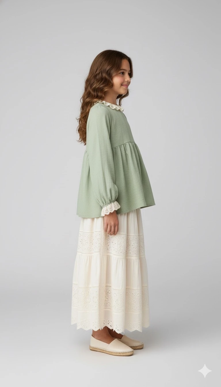 Yeşil Müslin Kız Çocuk Tunik | Doğal Yumuşak Kumaş | 4-15 Yaş | Günlük & Kuran Kursu 