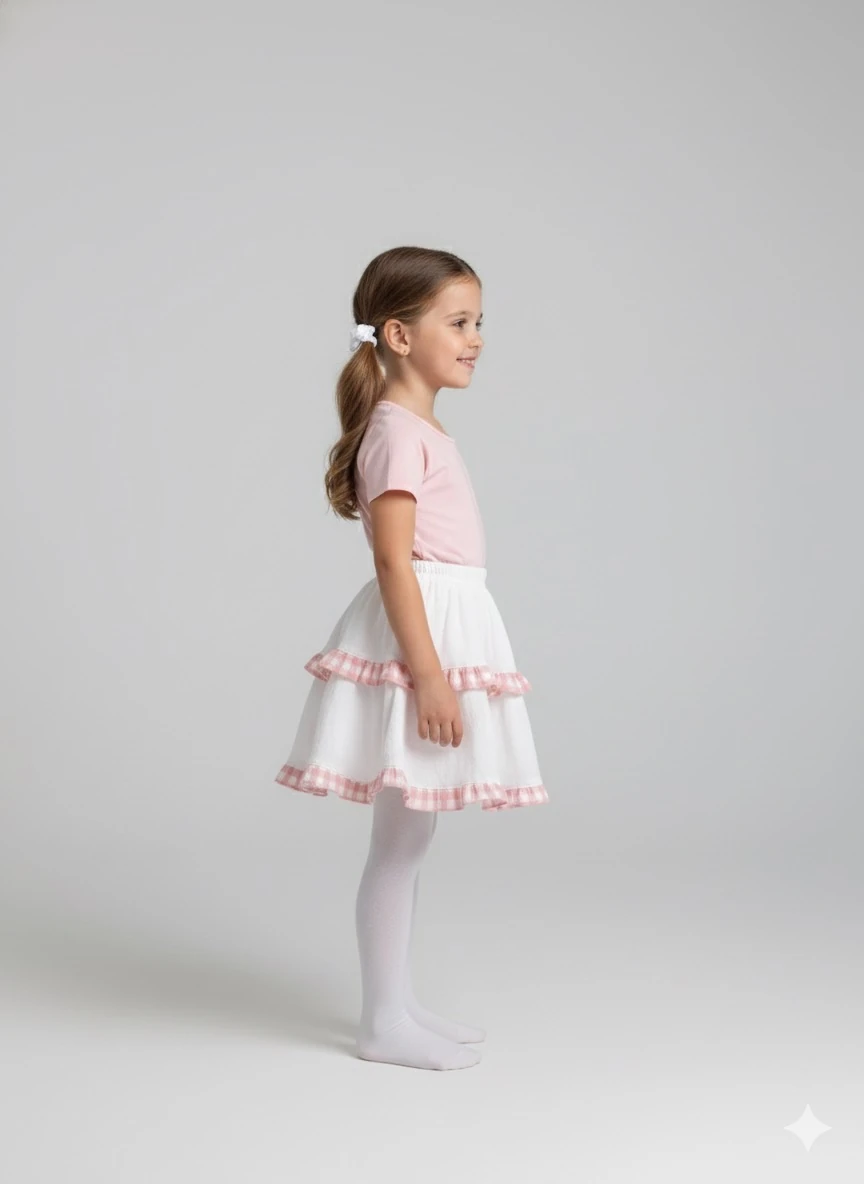 Kız Çocuk Şile Bezi Diz Boyu Pembe Ekose Detaylı Beyaz Etek