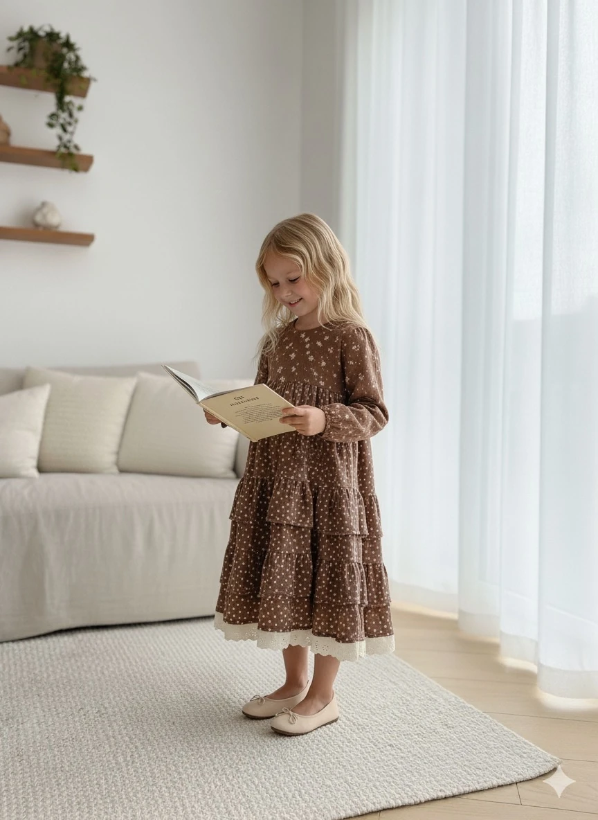 Bordo Çiçekli Kız Çocuk Tam Boy Tesettür Elbise | Yumuşacık Müslin Kumaş | 4-15 Yaş 