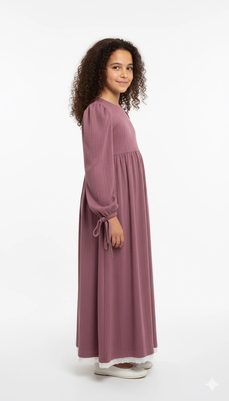 Bordo Keten Kız Çocuk Elbise | Tam Boy Tesettür | 4-15 Yaş | Doğal & Nefes Alan Kumaş 