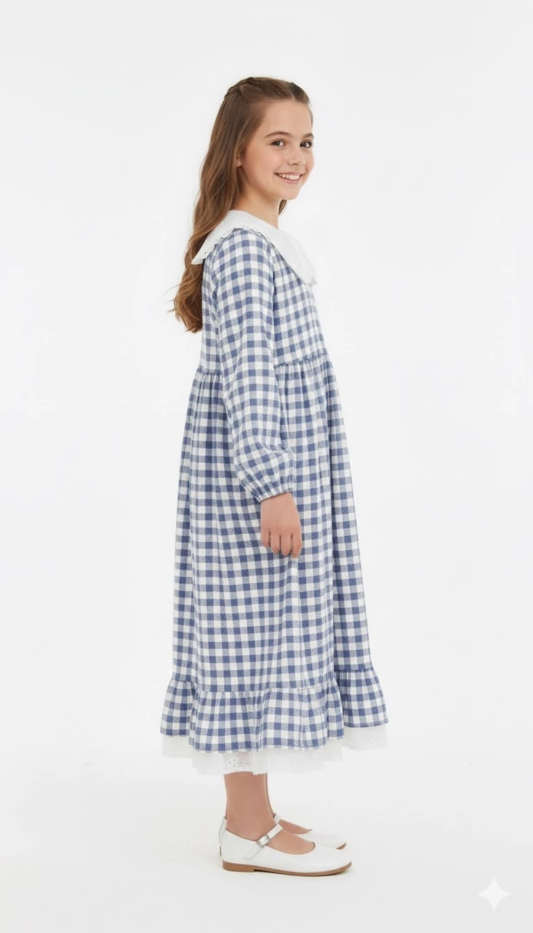 Gri Ekose Desenli Kız Çocuk Elbise | Tam Boy Tesettür | 4-15 Yaş | Günlük & Özel Kullanım 