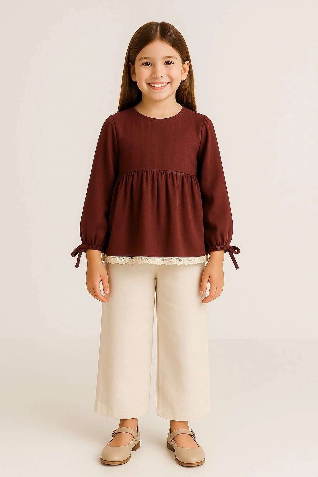 Bordo Keten Fisto Detaylı Kız Çocuk Tunik | Doğal Kumaş | 4-15 Yaş | Günlük & Özel 