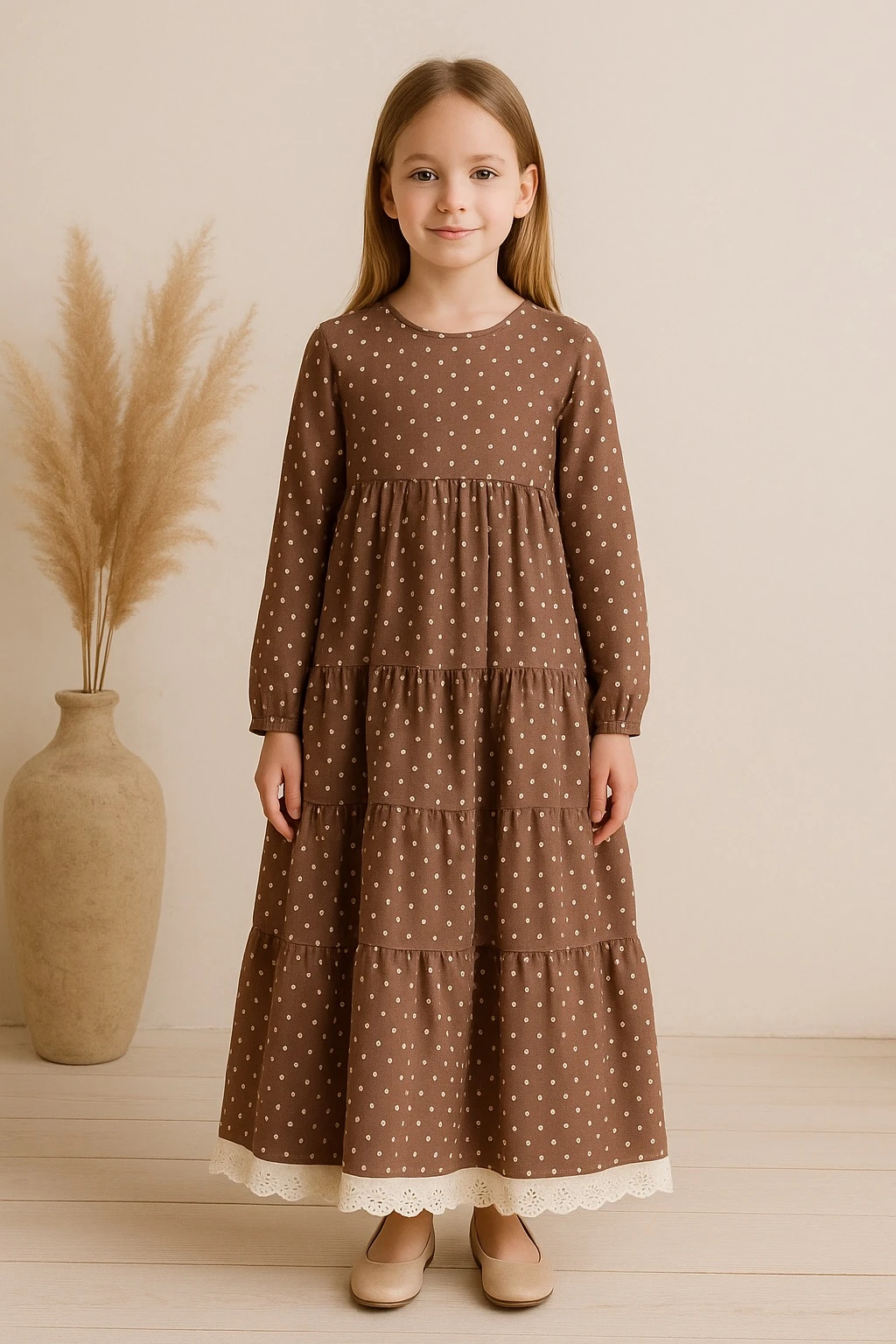 Bordo Çiçekli Kız Çocuk Tam Boy Tesettür Elbise | Yumuşacık Müslin Kumaş | 4-15 Yaş 