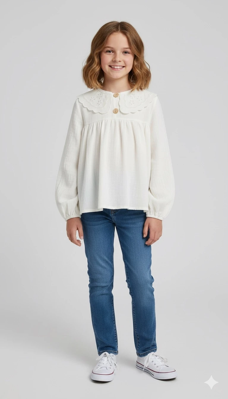 Krem Müslin Fisto Detaylı Bebe Yakalı Kız Çocuk Gömlek | 4-15 Yaş | Doğal & Rahat Kumaş