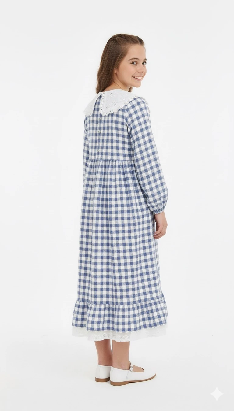 Gri Ekose Desenli Kız Çocuk Elbise | Tam Boy Tesettür | 4-15 Yaş | Günlük & Özel Kullanım 