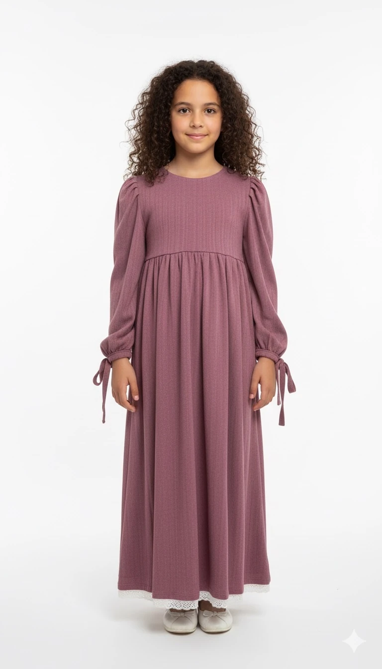 Bordo Keten Kız Çocuk Elbise | Tam Boy Tesettür | 4-15 Yaş | Doğal & Nefes Alan Kumaş 