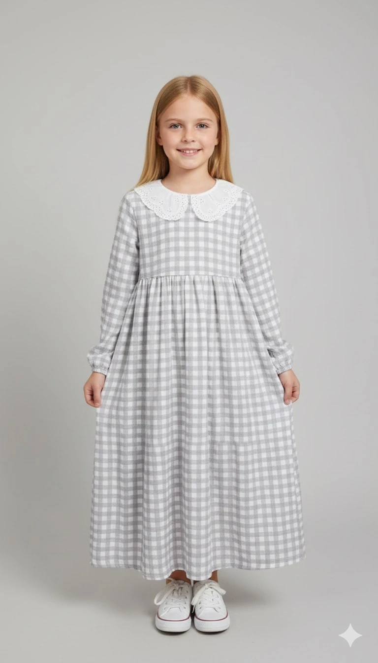 Gri Ekose Şile Bezi Kız Çocuk Elbise | Tam Boy Tesettür | 4-15 Yaş | Doğal & Rahat Kumaş