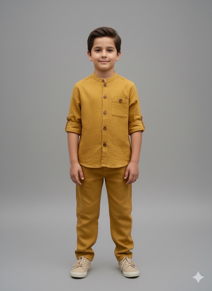 Erkek Çocuk Sarı Müslin Uzun Kollu Umre Takımı/Gömlek