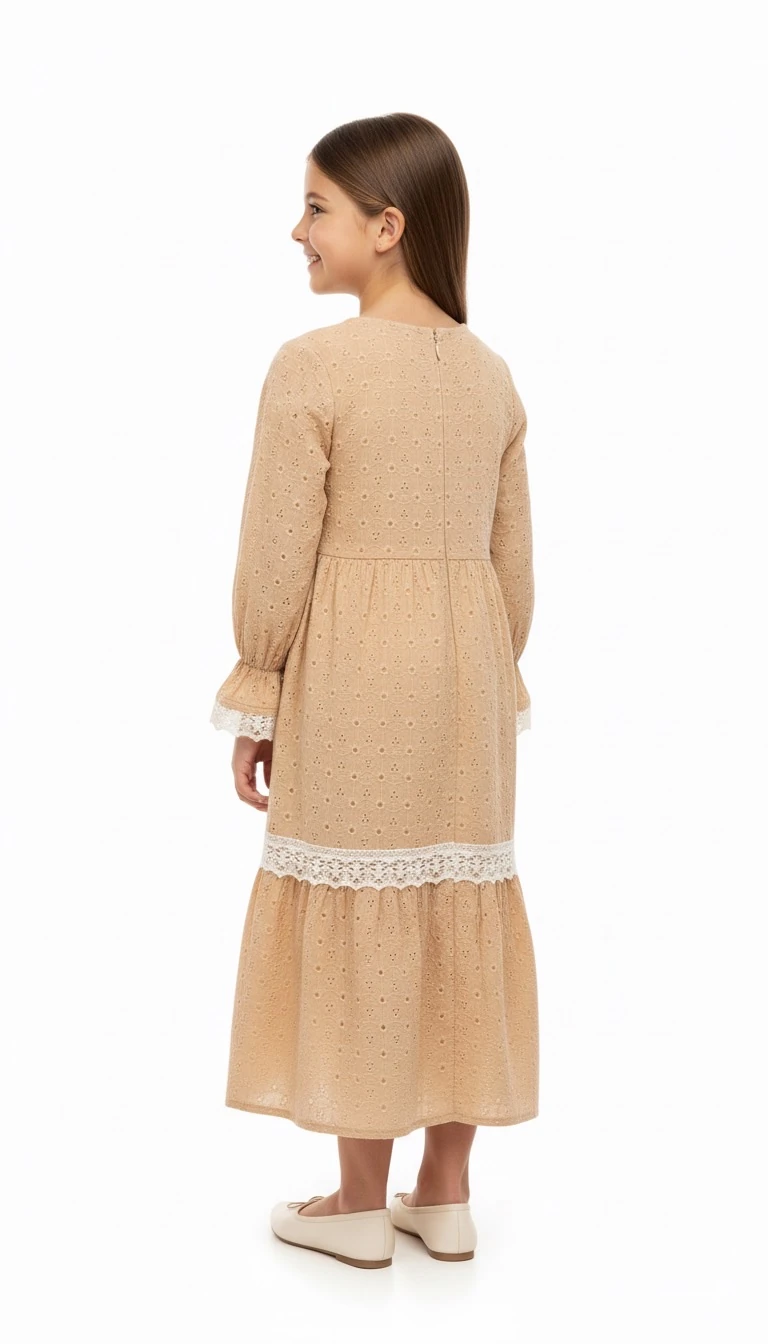 Bej Fisto Detaylı Kız Çocuk Elbise | Tam Boy Tesettür | 4-15 Yaş | Kuran Töreni & Günlük 