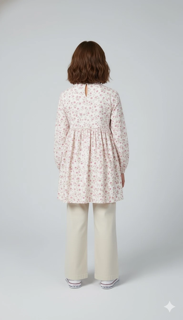 Pembe Güllü Müslin Kız Çocuk Tunik Gömlek | 4-15 Yaş | Yumuşacık & Doğal Kumaş | Tam Boy