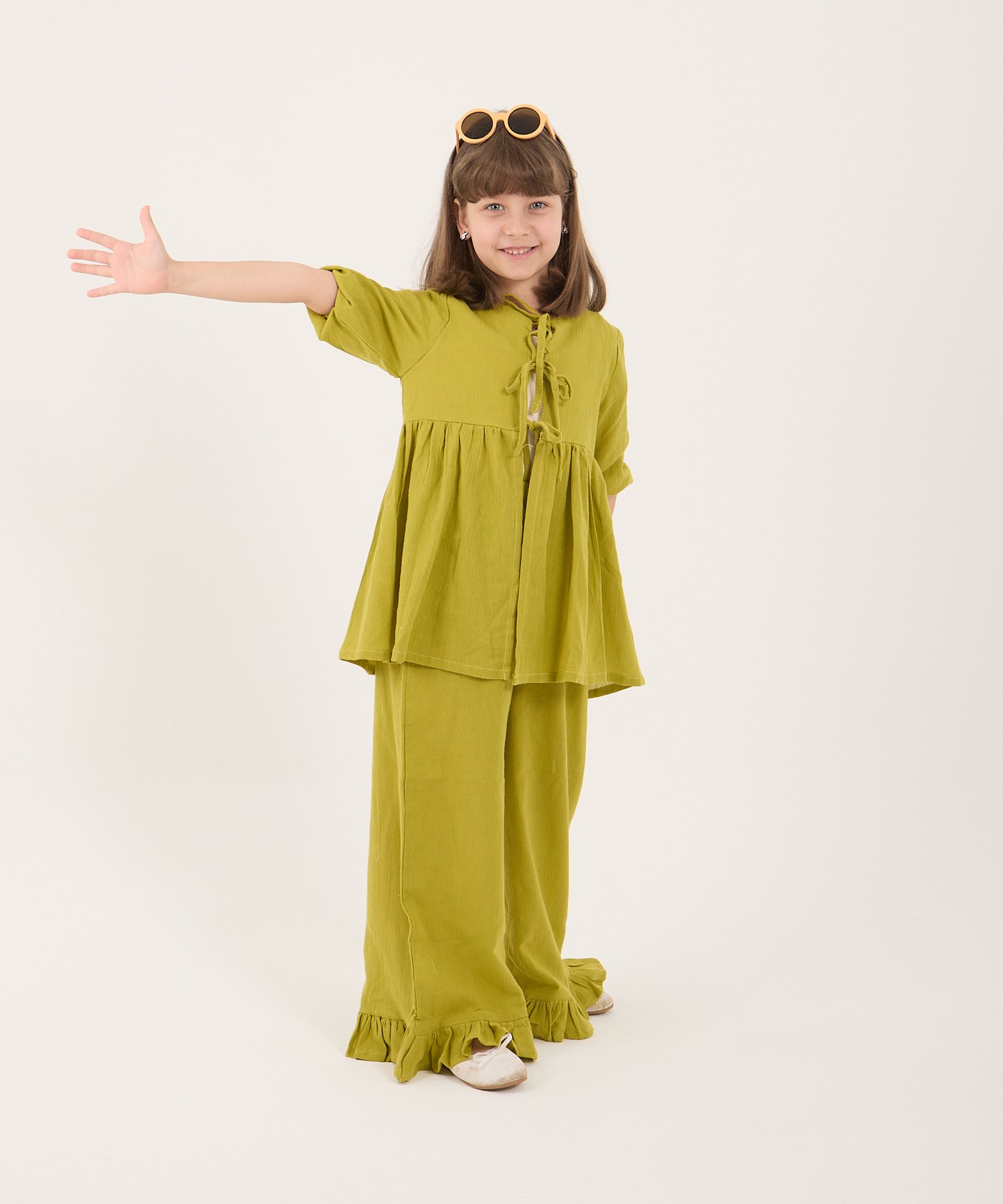 Yusa Baby Kids Nina Tunikli Müslin Kız Çocuk Takımı – Yağ Yeşili (5-15 Yaş) | Ölçülü & Tesettür Giyim