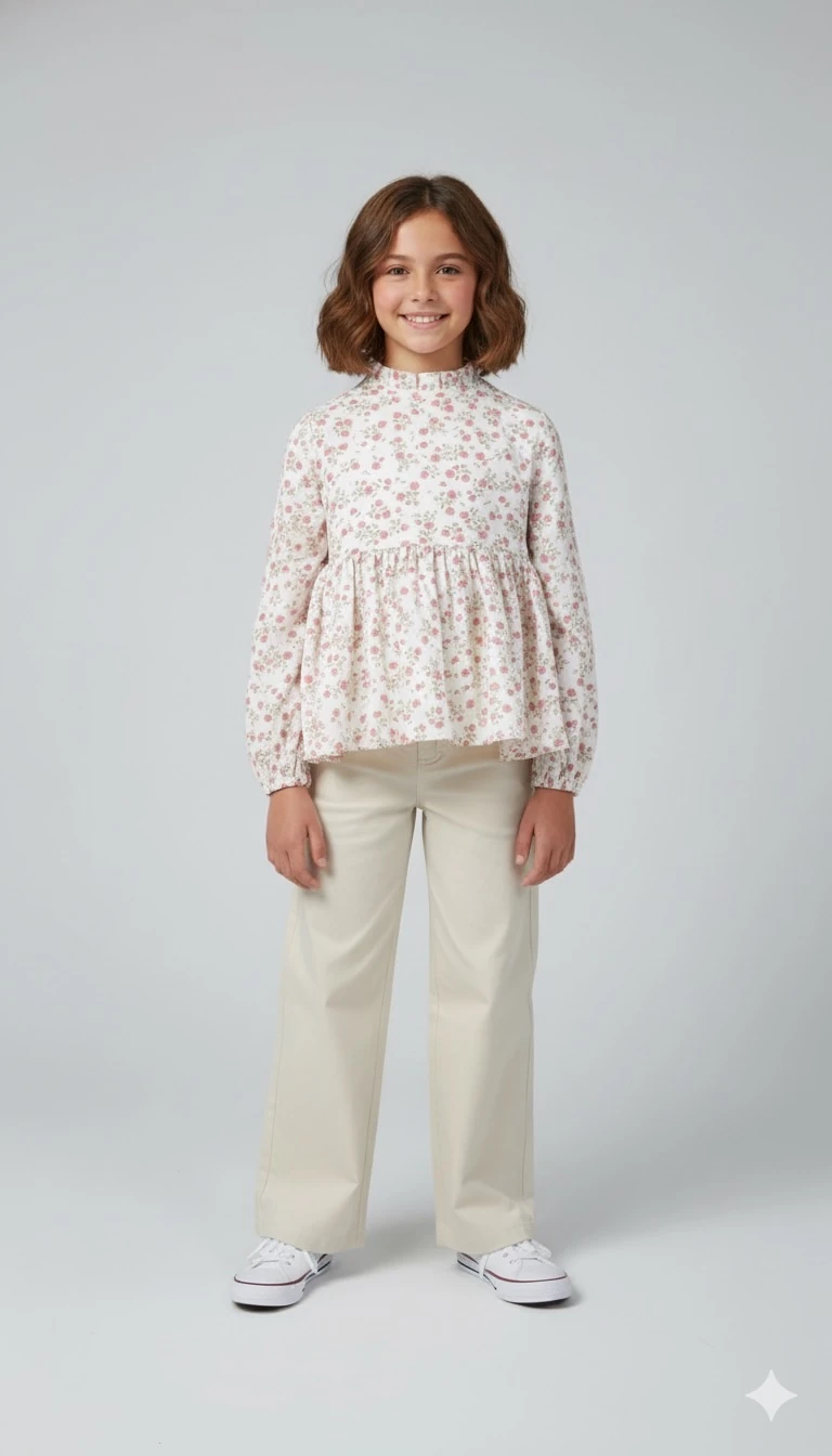 Pembe Güllü Müslin Kız Çocuk Tunik Gömlek | 4-15 Yaş | Yumuşacık & Doğal Kumaş | Tam Boy