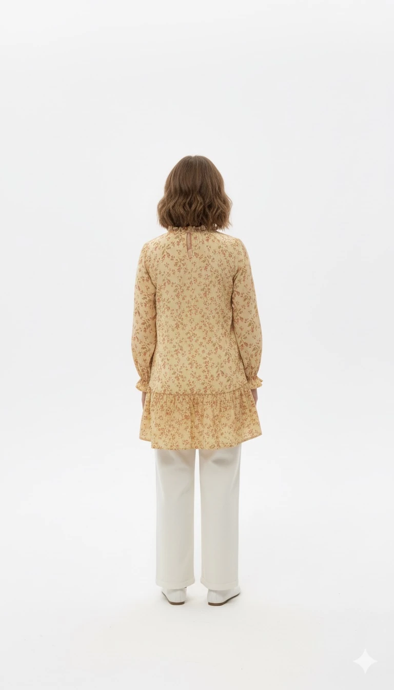Vintage Güllü Sarı Kız Çocuk Tunik | Müslin Dokulu | 4-15 Yaş | Günlük & Özel Kullanım